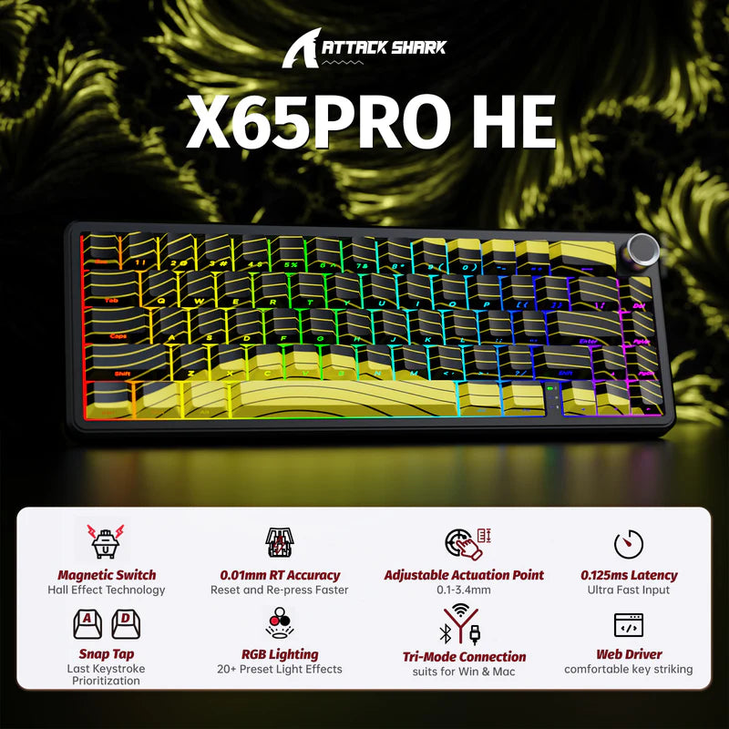 ATTACK SHARK X65PRO Black Yellow HE Wireless Mechanical Gaming Keyboard Price in Pakistan | Magnetic Switch Rapid Trigger | RGB Backlite