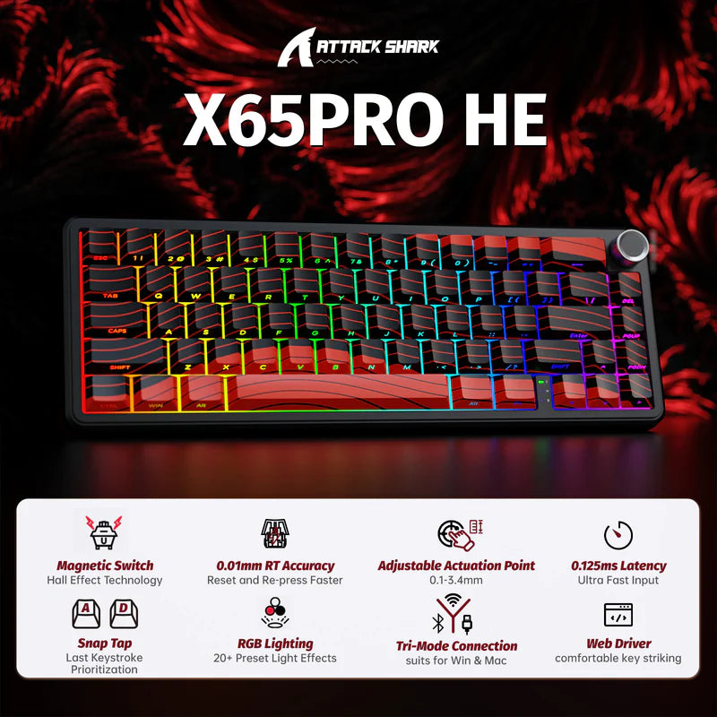 ATTACK SHARK X65PRO Black Red HE Wireless Mechanical Gaming Keyboard Price in Pakistan | Magnetic Switch Rapid Trigger | RGB Backlite