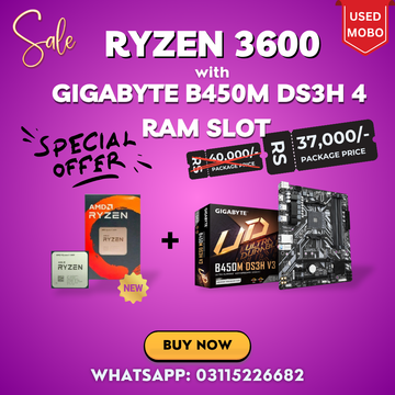 AMD Ryzen 5 3600 (New) + B450M DS3H (Used) Motherboard Combo – 1 Month Warranty