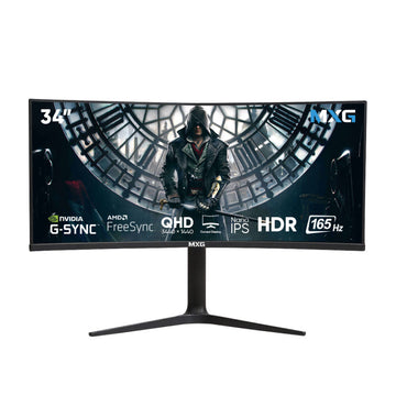 MXG G34WIC-65 | 34″ Curved Nano IPS Ultrawide 165Hz Display – 10-Bit Color, 99% DCI-P3 / 100% sRGB, G-Sync + FreeSync, Height Adjustable.
